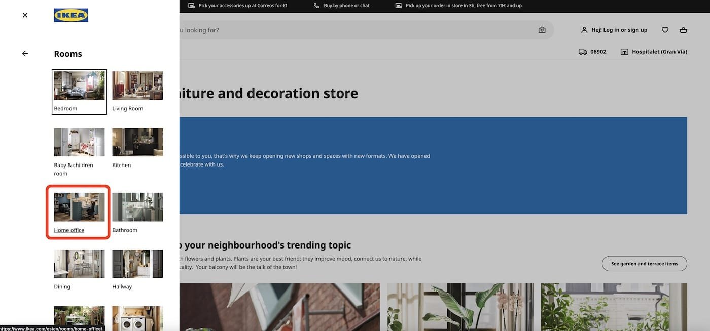 Home de IKEA con categorías principales aplicando la ley de Hick