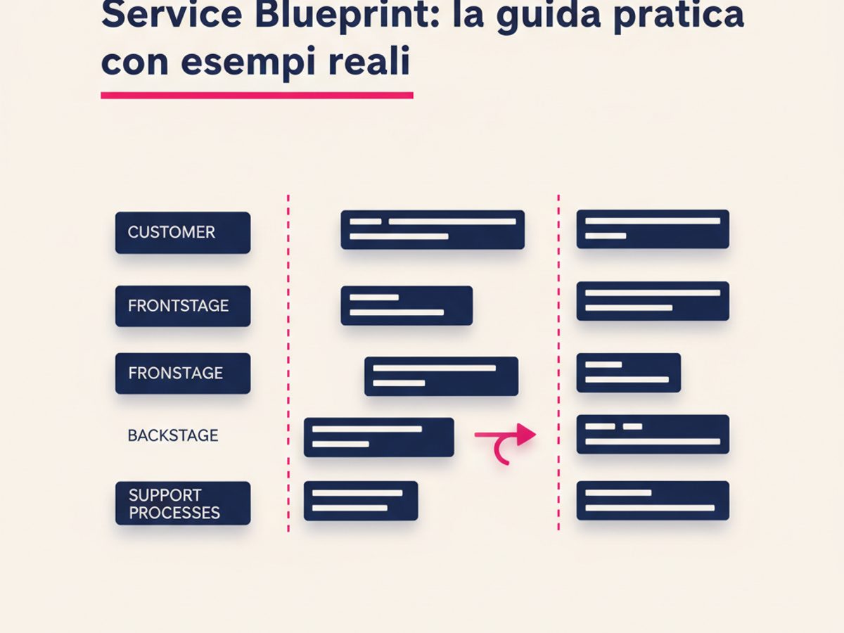 Ilustración de un Service Blueprint que muestra los distintos carriles y líneas de interacción y visibilidad.